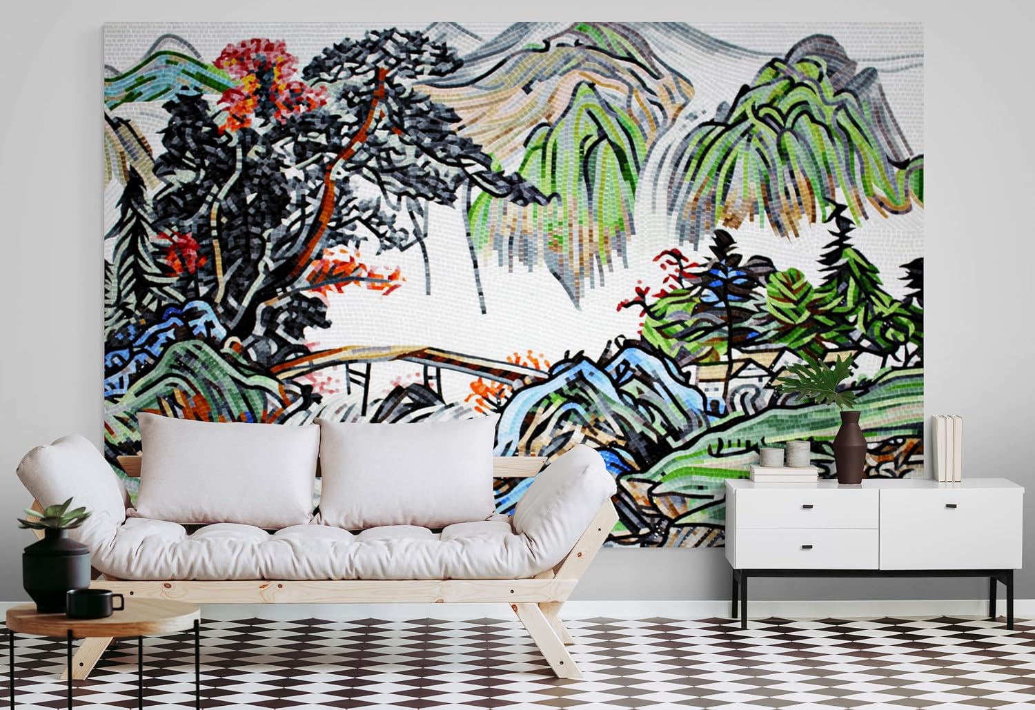 Handcrafted Landscape Glass Mosaic Wall Art – Hand-Cut Natural Tile Scenic Mosaic Tile mural for Interior Wall Décor