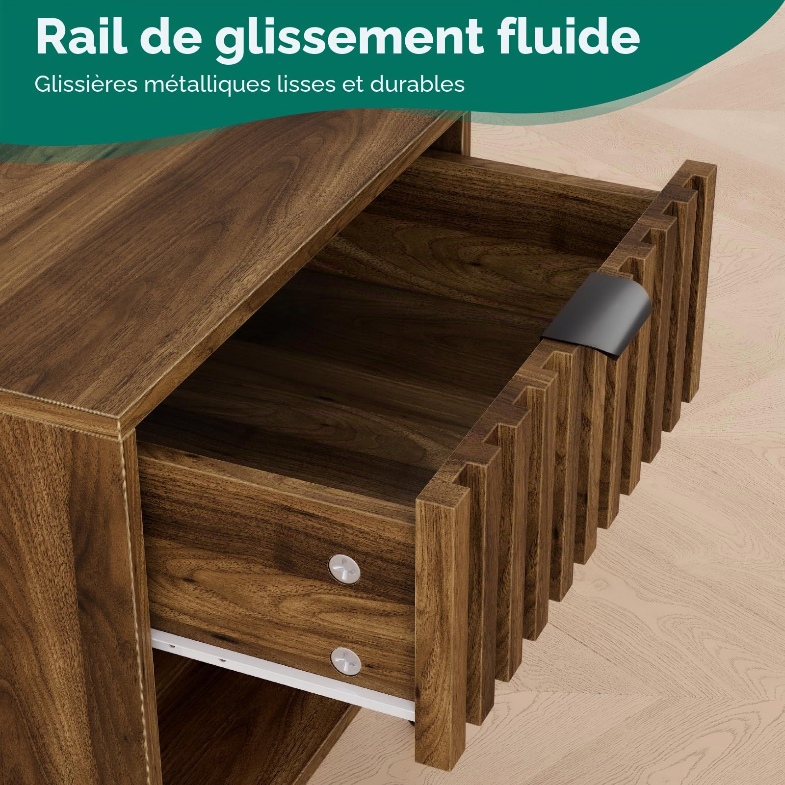Smuxee Meuble de Chevet en Noyer avec Tiroir Cannelé, Table de Nuit Style Mid-Century avec Étagère Ouverte et Pieds Métalliques, Table d'Appoint Moderne pour Chambre