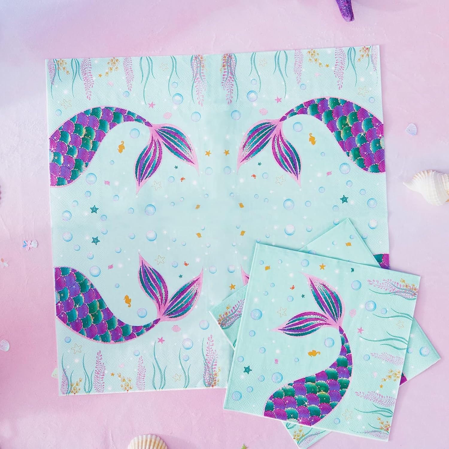 WERNNSAI Mermaid Party Supplies Kit - Themed Party Pack for Kids Girls Pool Birthday, Baby Shower - Dinner Dessert Plates Napkins - Serves 16 Guests 48 Pieces