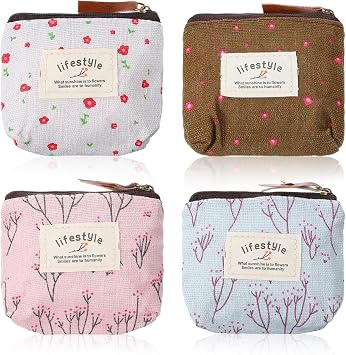 4Pcs Mini Makeup Bag, Linen Floral Small Makeup Bag Portable Small Zipper Pouch Cute Fabric Mini Cosmetic Bags for Girl Women