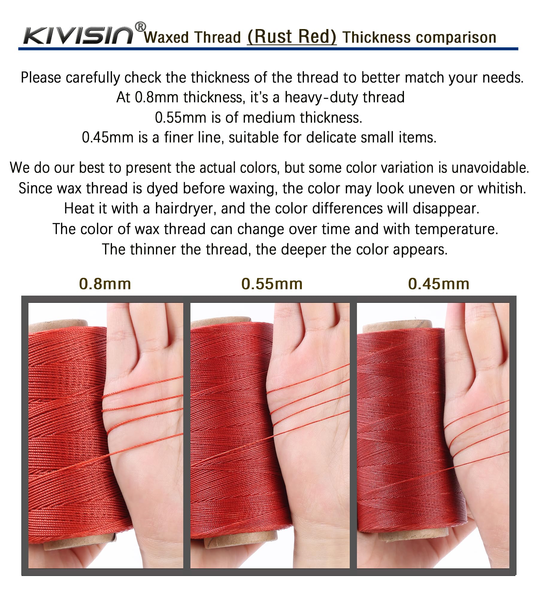 KIVISIN Heavy Duty Waxed Polyester Thread - 0.55mm, 437 Yards, Black, For Leather, Jewelry, & Crafts