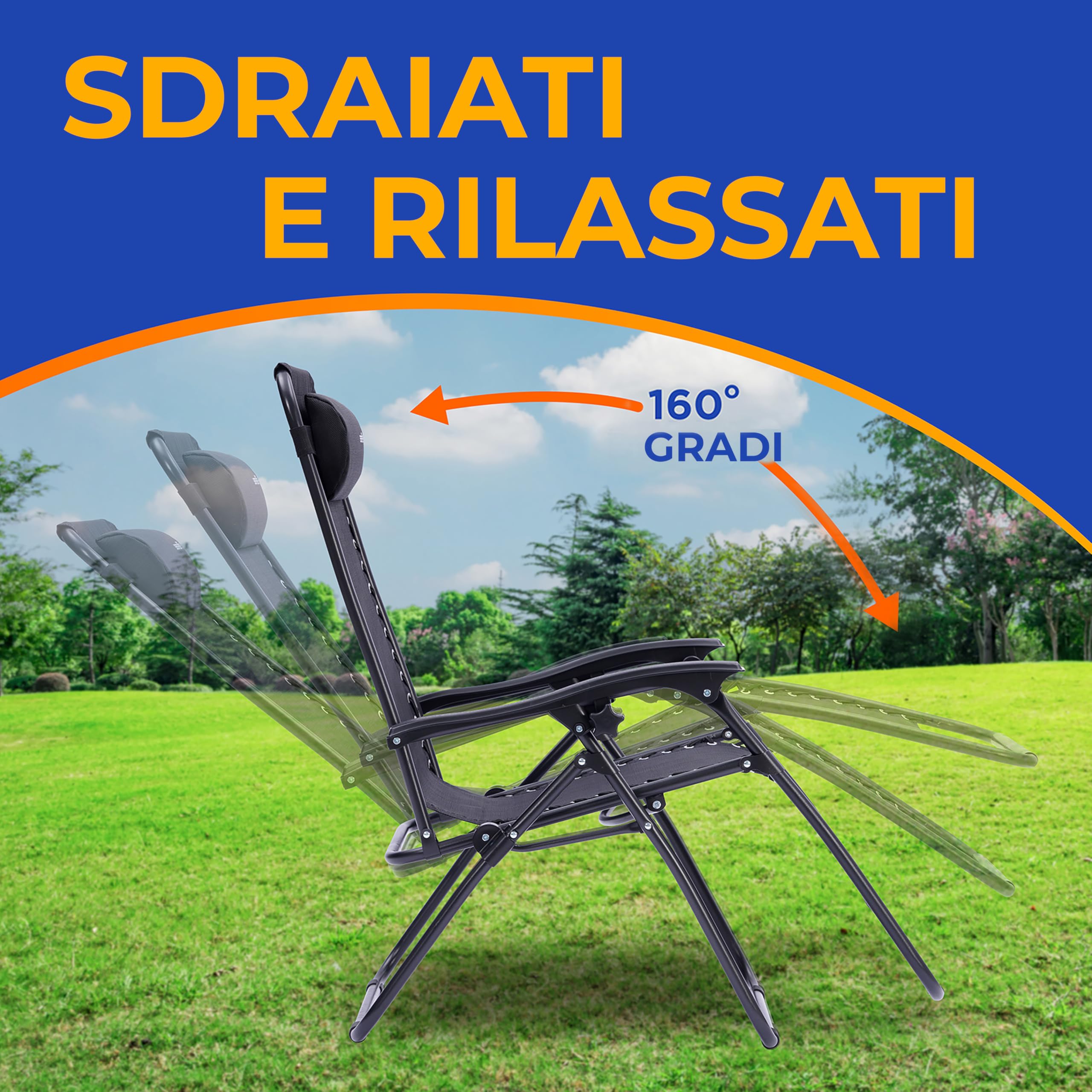 SereneLife Set 2 Sedie da Giardino Reclinabili, Sdraio Regolabili con Vassoio, Portabicchieri, Cuscino, Pieghevoli per Esterni, Terrazza, Piscina, Spiaggia