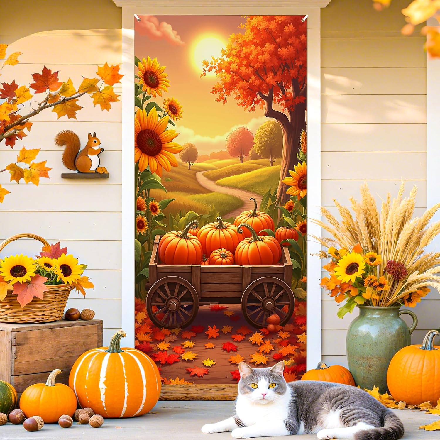 Large Fall Door Cover Decorations Fall Door Banner for Front Door Realistic Sunflower Maple Leaves Pumpkin Door Hanging Sign Autumn Harvest Backdrop Background for Thanksgiving Holiday Party Supplies