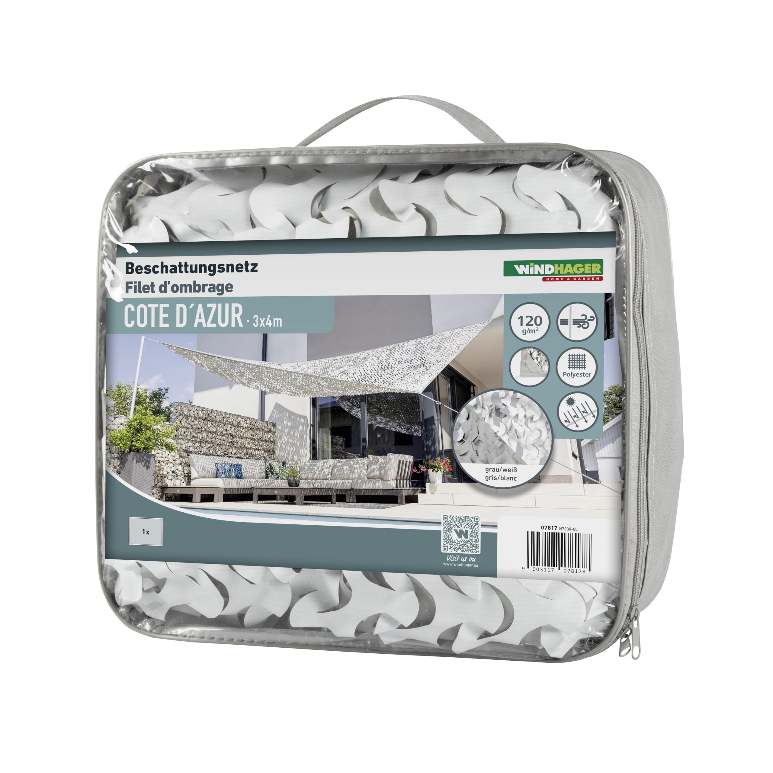 Windhager Réseau d'ombrage Cote D'AZUR - 3 x 4 mètres - Blanc/Gris - Toile ombrage Exterieur, Voile d'ombrage, Toile d'ombrage - Voile ombrage - auvent de terrasse, Balcon et Jardin