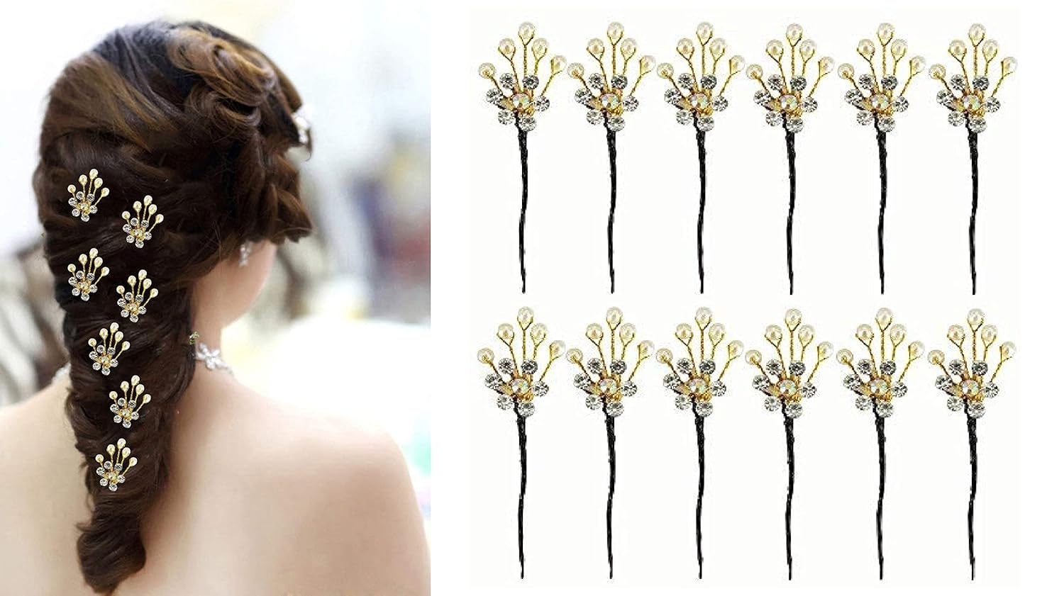 Boxo 12 Pieces Hair Bun Pins Set with Stone Hair Bun Clips for Women Girls Hair Accessories