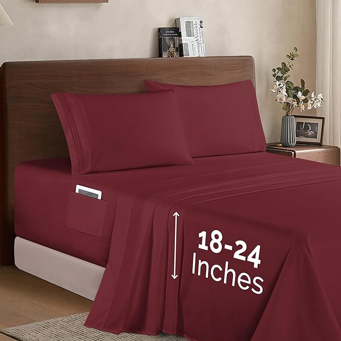 Elegant Comfort Luxury 1500 Premium Hotel Quality Microfiber 4-Piece Sheet Set - Soft, All Around Elastic 18-24 Inches Deep Fitted Sheet - Extra Deep Pocket Sheets, Twin/Twin XL, Burgundy