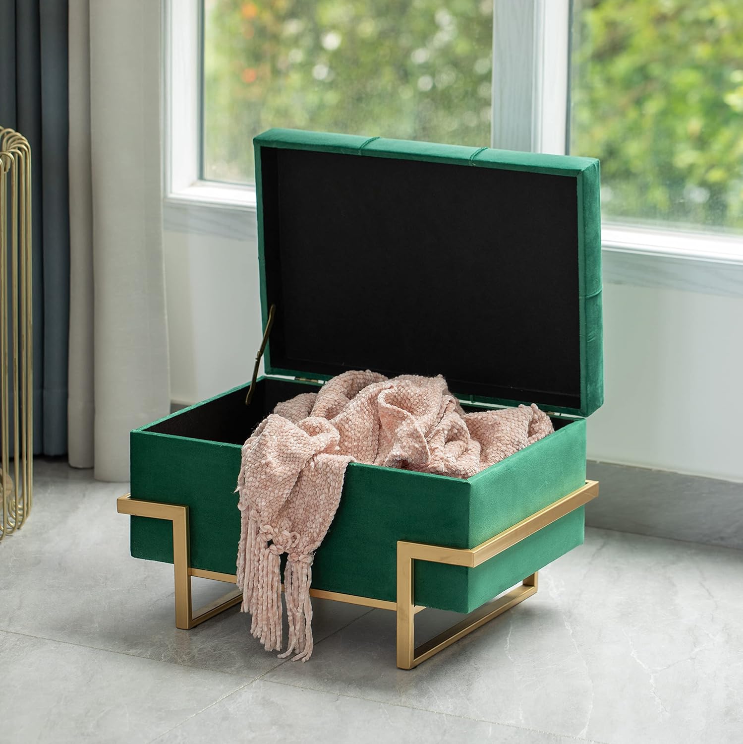 Fabulaxe Green Velvet Ottoman with Storage, 20 Inch Rectangle Storage Bench, Decorative Velvet Storage Ottoman Stool with Abstract Golden Legs for Living Room, Bedroom, Home Decor (Small)