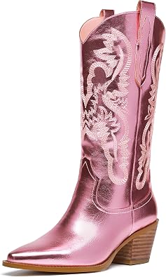 Glitter Wide Calf Metallic Embroidered Cowboy Boots For Women Sparkly Mid Calf Chunky Heel Pull on Pointy Toe Western Cowgirl Boots Fashion Vintage Short Booteis For Girl