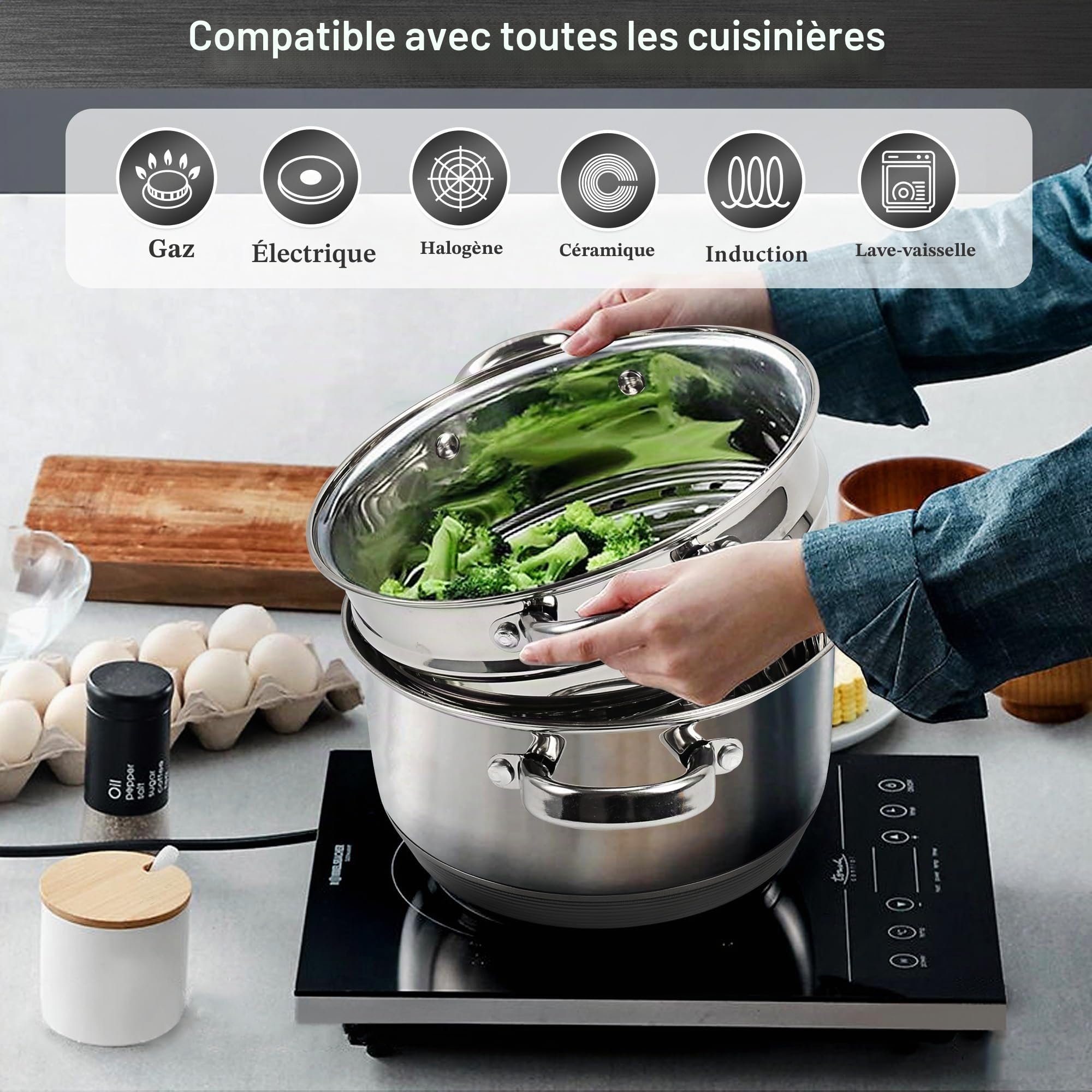 AuFranc® Cuiseur Vapeur à 3 Étages en Inox 18/10 avec Couvercle en Verre, 20CM Cuiseur Vapeur de 3 Litres, Empilable, Casseroles Adapté à la Tous Feux Dont Induction (Argent)