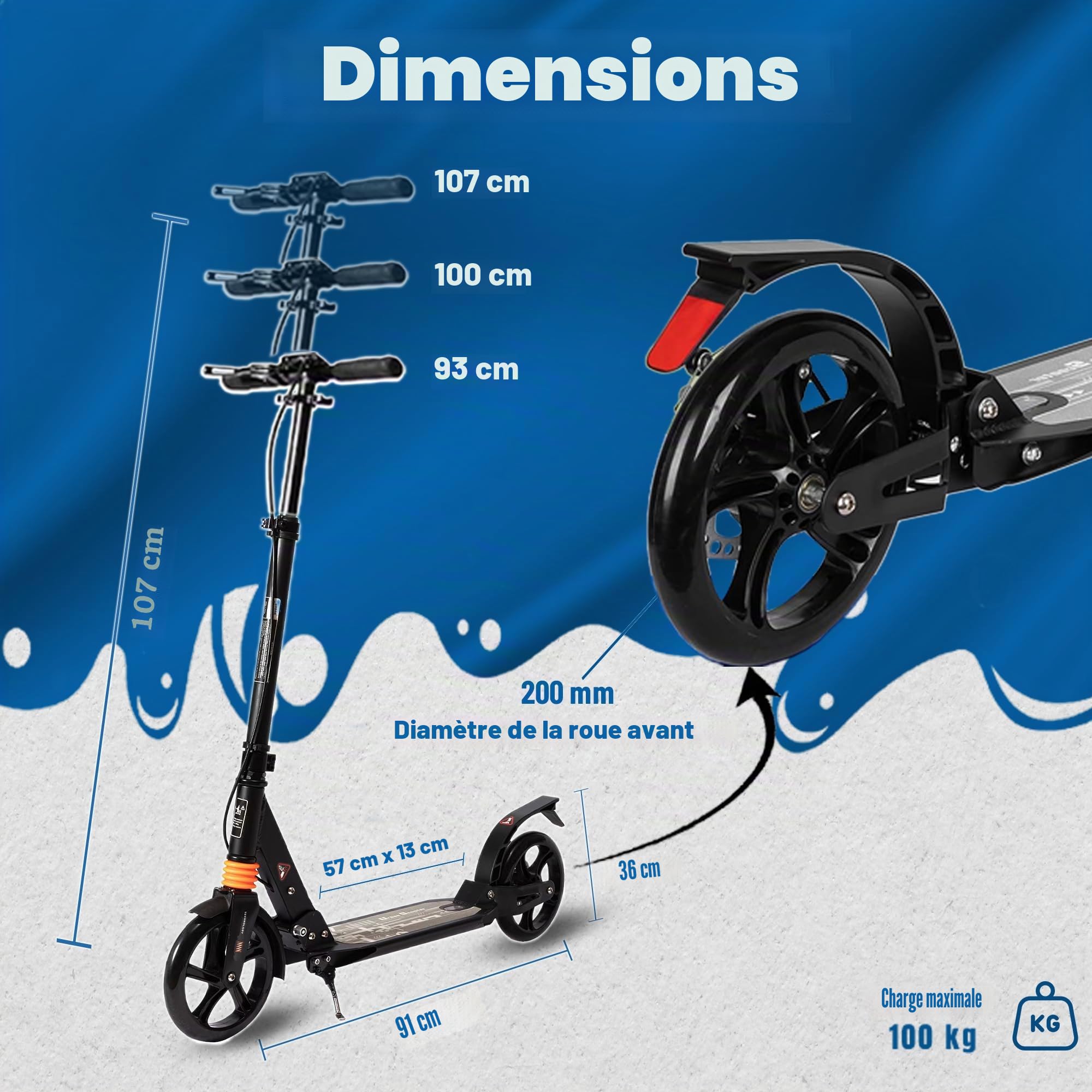 Habib Gruppe Trottinette de ville pour adulte - En aluminium - Pliable - 200 mm - Grandes roues - Double suspension - Hauteur réglable - Frein à main réglable - Charge maximale : 100 kg - À partir de