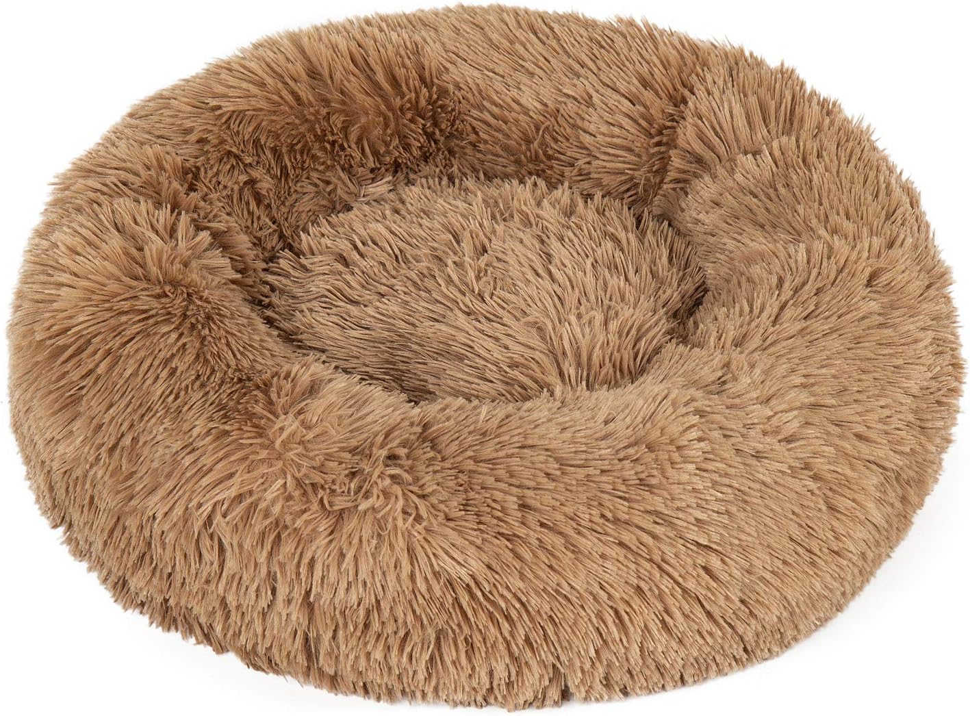 Lacher Donut Pet Bed Round Cushion Marshmellow Faux Fur Cuddler, Calming Fluffy Comfy Bed for Dog and Cat (23 in, Coffee)