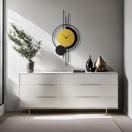Miniatura 8 de pluviart Reloj de pared geométrico dorado y negro, reloj de metal silencioso grande, arte de pared moderno de mediados de siglo para sala de estar,