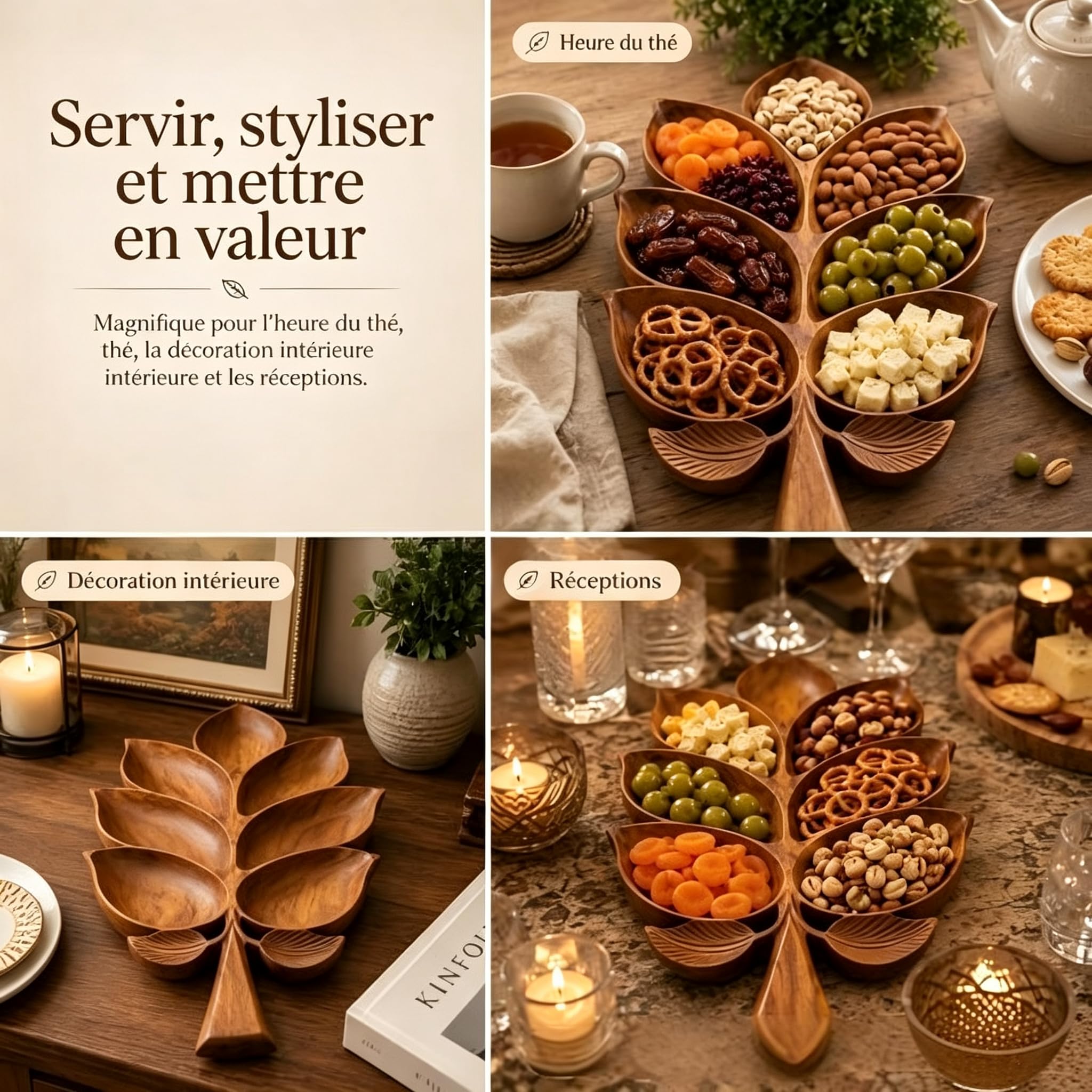 Plateau Apéritif en Bois Massif Feuille à 7 Compartiments
