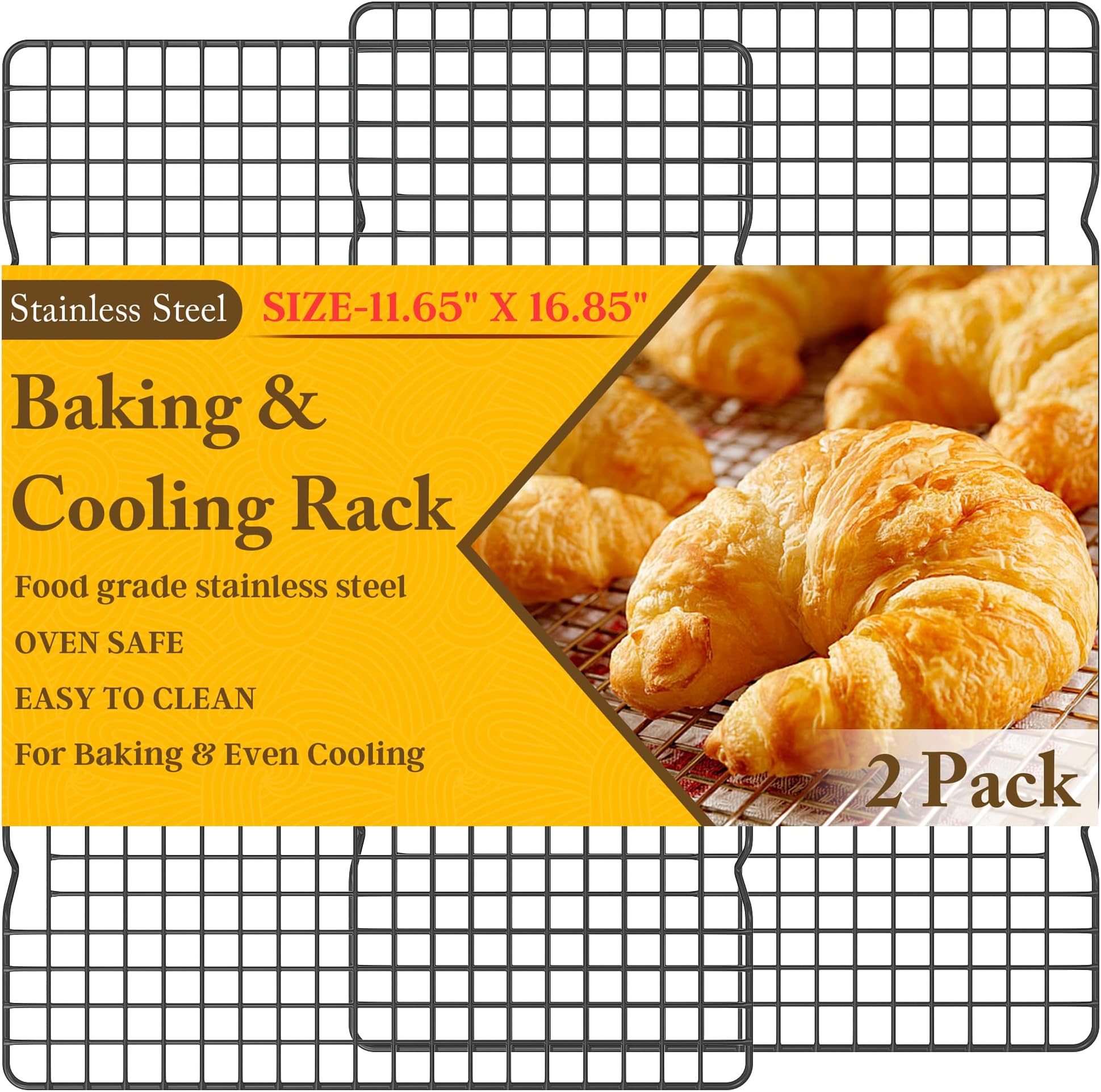 2PCS Cooling Racks for Cooking and Baking -11.65''x16.85''Heavy Duty Stainless Steel Wire Rack for Baking, Grilling, Roasting - Oven & Dishwasher Safe - Fits Half Sheet Pan（Black）