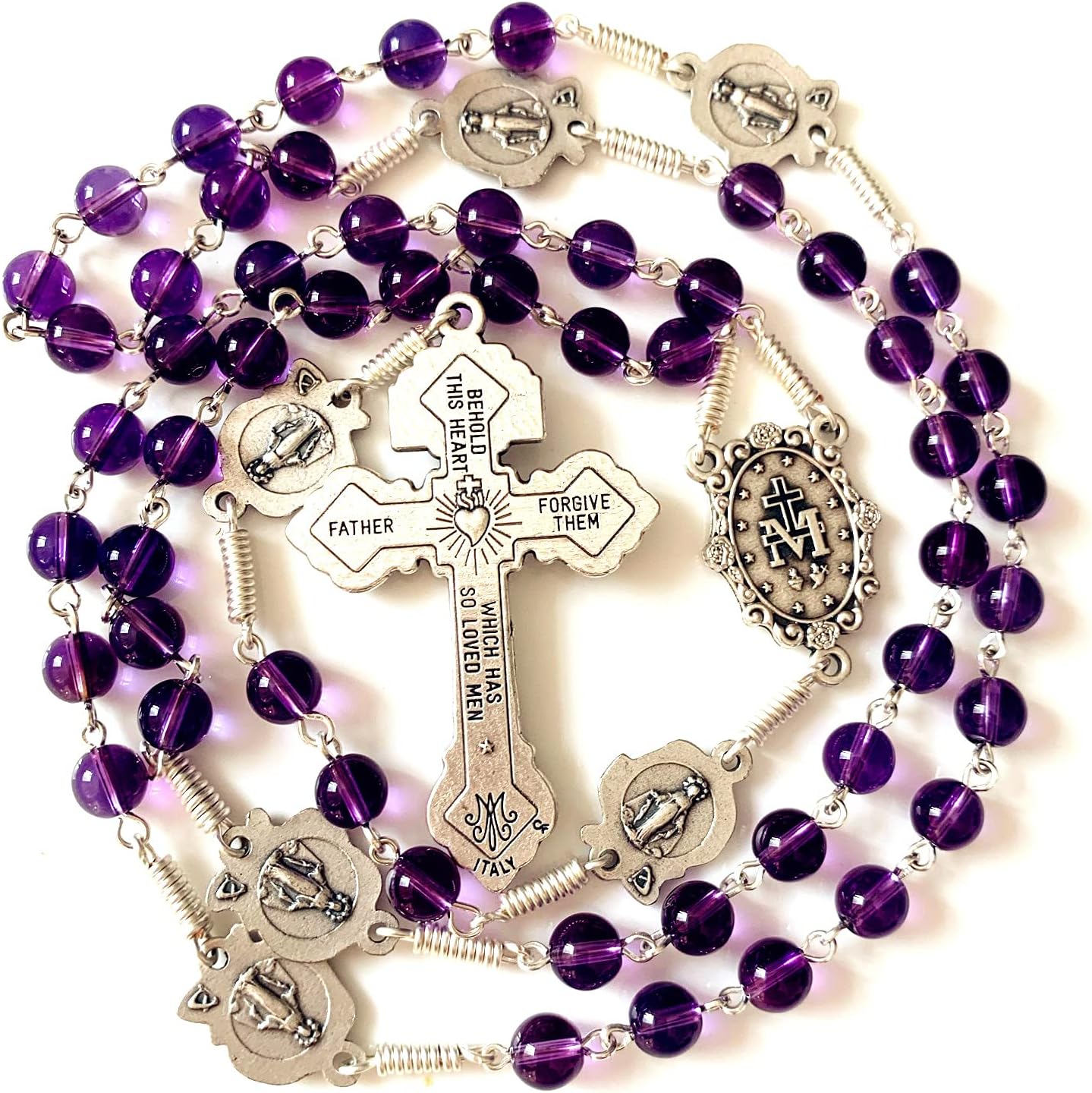 elegantmedical Handmade Catholic Amethyst Beads Our Lady of Grace Rosary Cross Crucifix Necklace Gift Box - Image 4