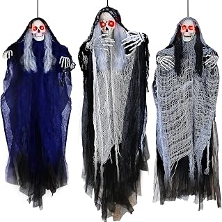3 Pack Halloween Hanging Skeleton Ghosts Decorations, Large Grim Reapers with LED Lights for Halloween Decor Outdoor Indoor, Flying Hanging Ghost Skulls for Home Yard Patio Prop Décor (59", 35")