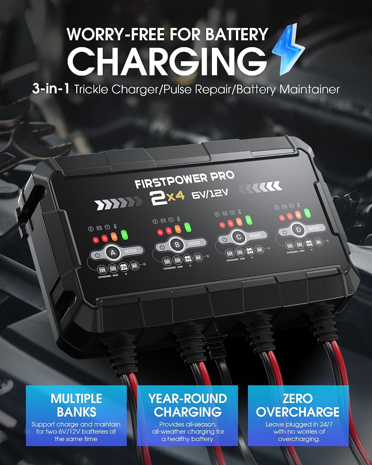 8A 4-Bank Car Battery Charger (2A/Bank) - 6V & 12V Automatic Trickle Charger, Motorcycle Battery Maintainer & Desulfator with Overcharge & Temperature Compensation – for Lead Acid, AGM, Gel, LiFePO4