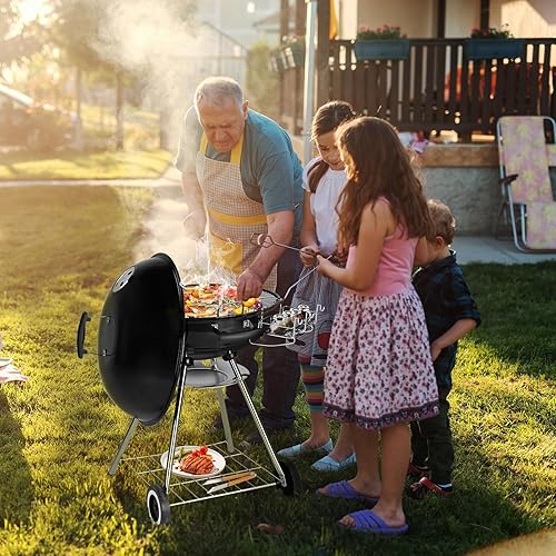 Miniatura 9 de Parrilla de carbón portátil de 28 pulgadas con ruedas y soporte de almacenamiento, tapa esmaltada de porcelana y captador de cenizas y termómetro,