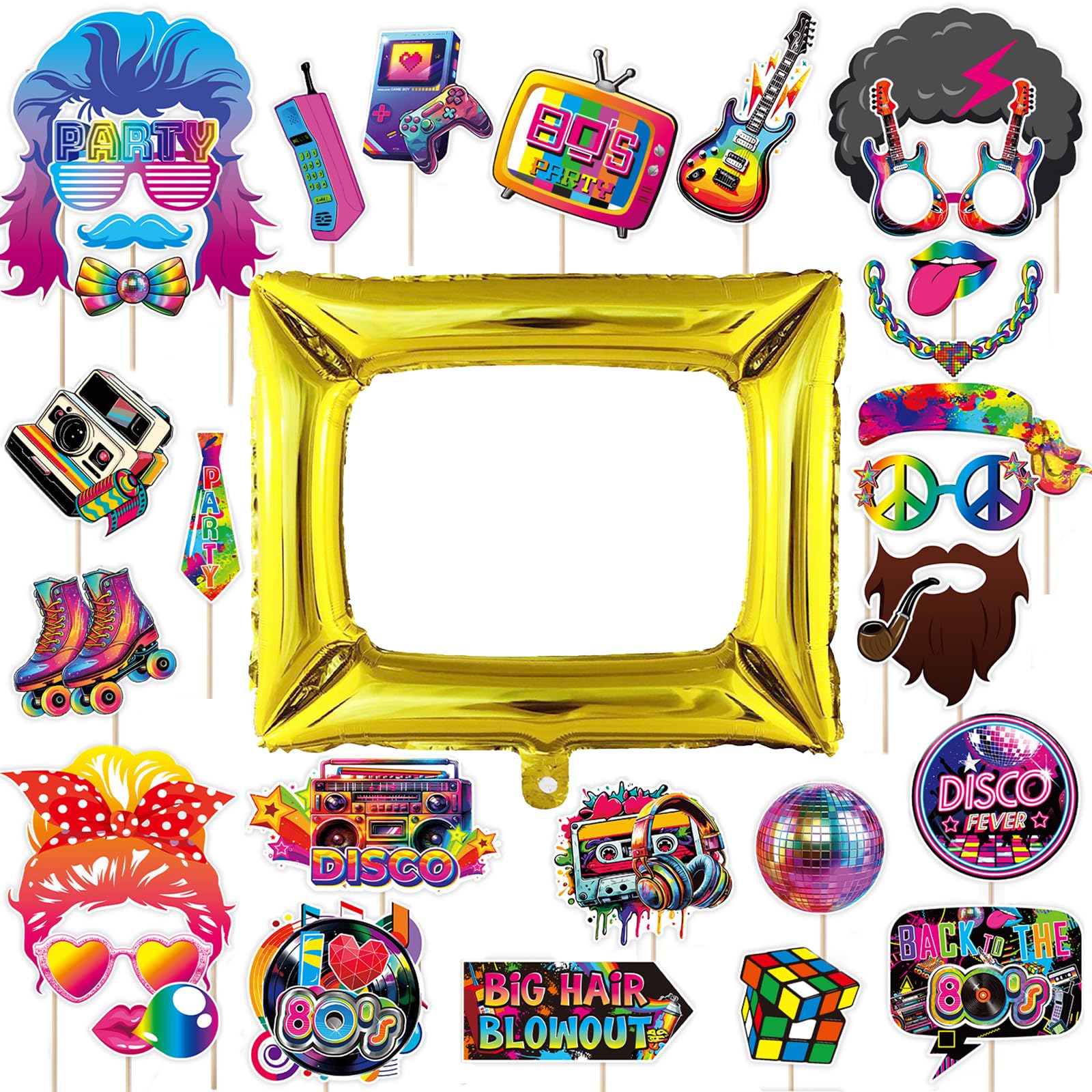 Colourful Photo Booth Props Set for Adult Party (80s Gold)