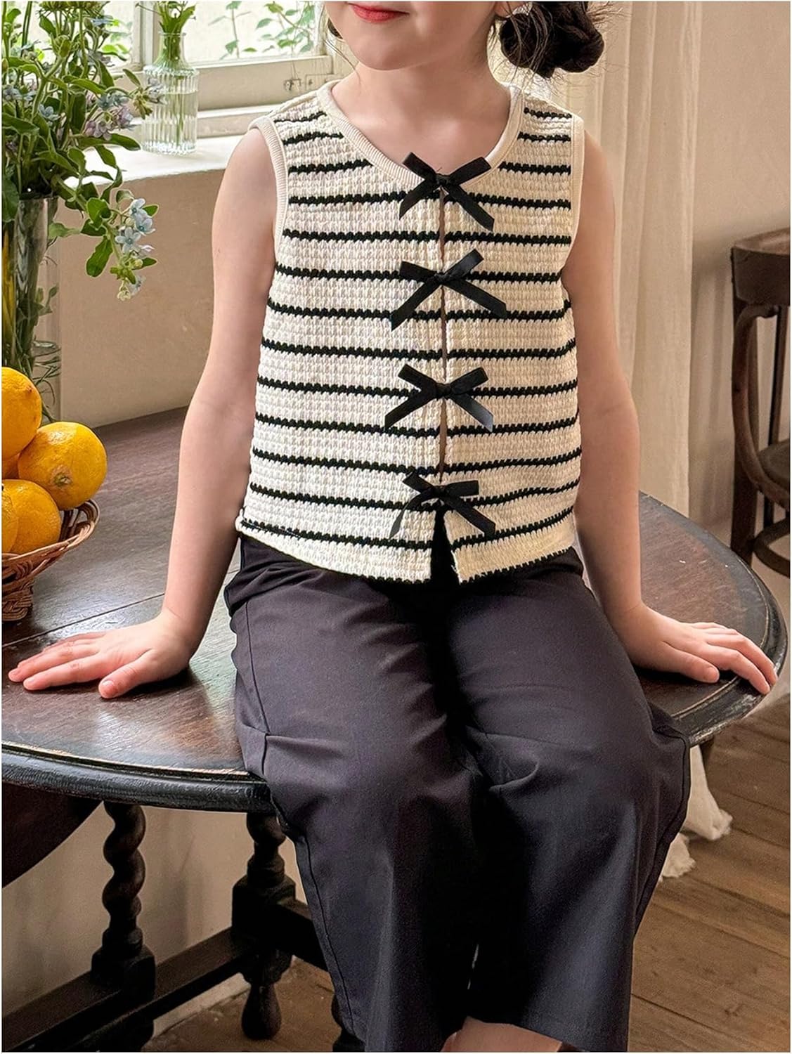 WDIRARA Toddler Girl's Striped Bow Knit Tank Tops Crew Neck Sleeveless Cute Tops - Image 3