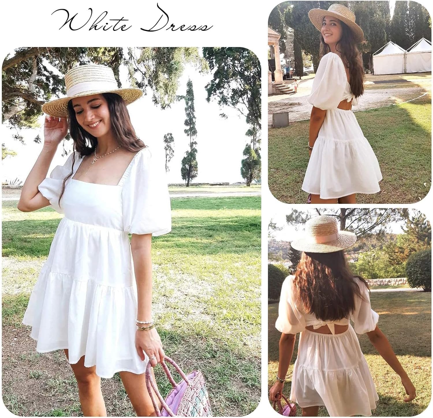 OWNGIGI Women's Summer Dress Square Neck Puffy Short Sleeve Loose Tie Back Casual A-Line Mini Dresses - Image 5