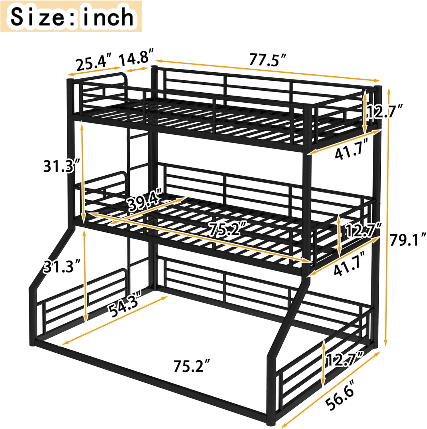 LUMISOL 3 Bunk Bed Twin Over Full Metal Triple Bunk Beds with Ladders and Full-Length Guardrail, Floor Triple Bunk Bed for Teens, Noise Free, Black