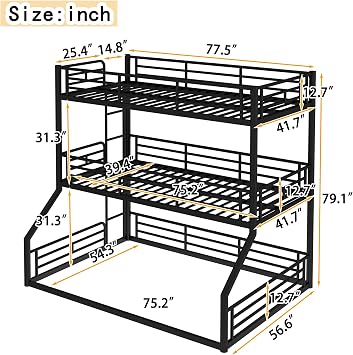 Bellemave Metal Triple Bunk Bed with Full-Length Guardrails, Twin Over Twin Over Full Bunk Bed for 3, Noise-Reduced & Multifunctional, Metal Black