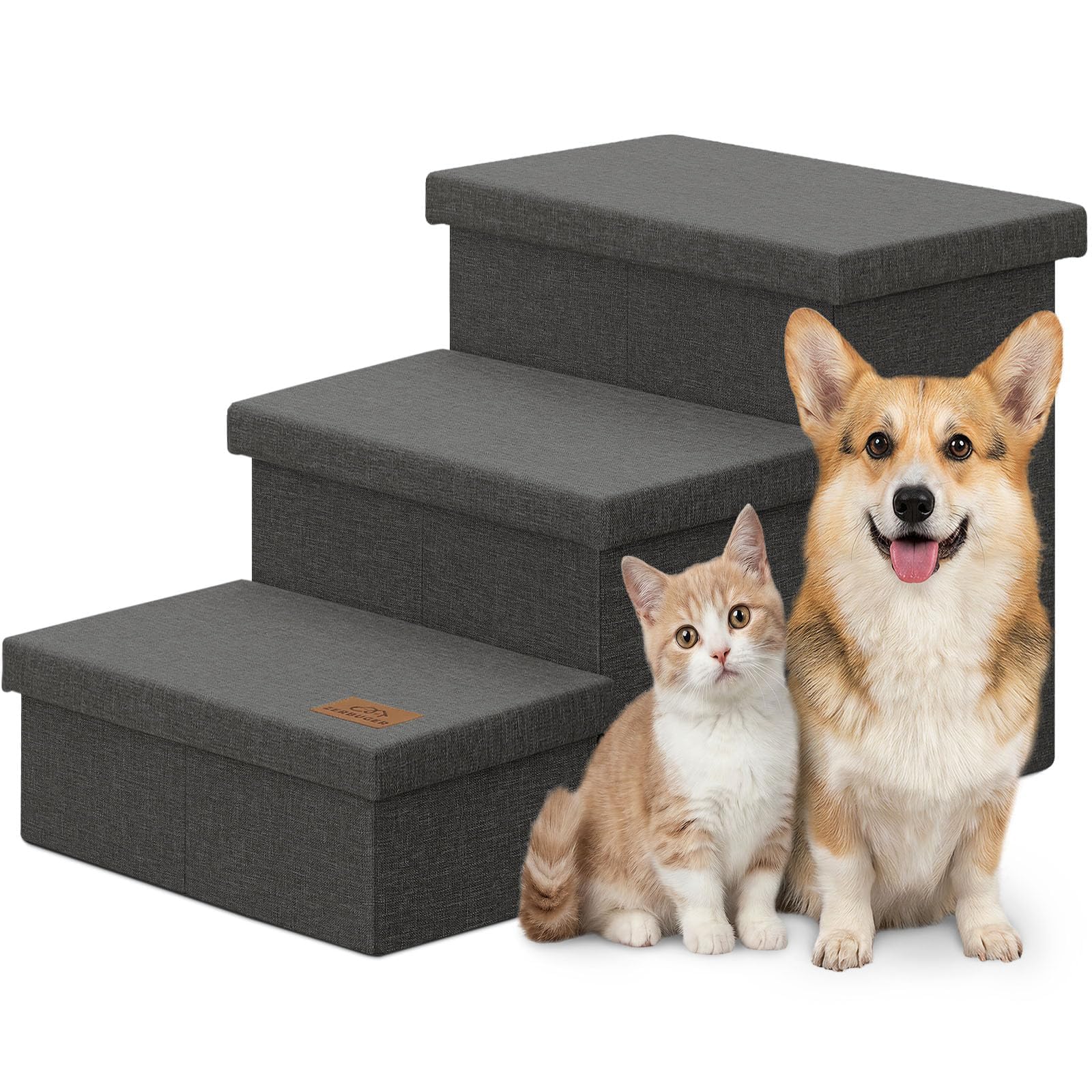 Zerbuger Dog Stairs with Storage, Dark Grey 3 Steps Dog Ramp no Condo