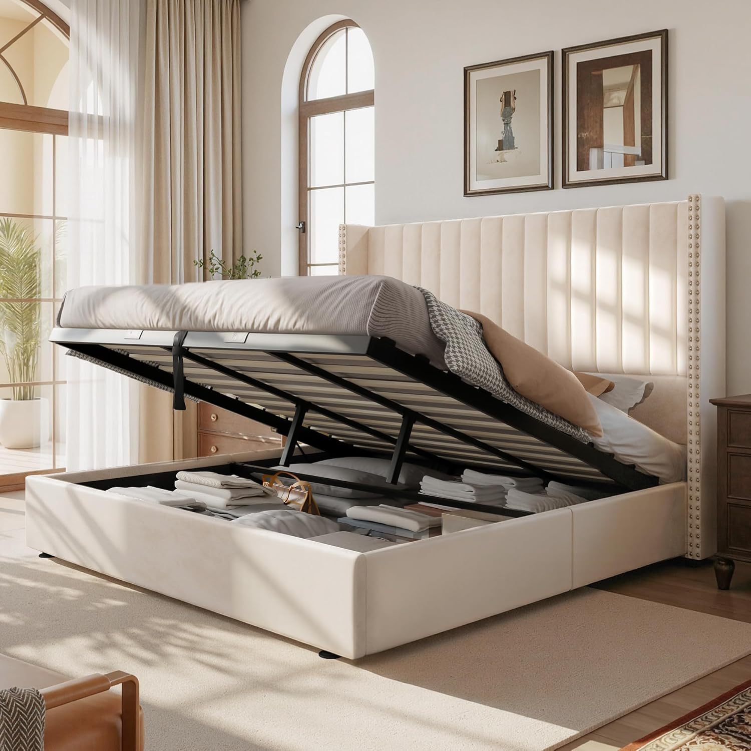 Jocisland Upholstered King Size Lift up Storage Bed Frame, Platform Bed Velvet with Channel Tufted Wingback Headboard, No Box Spring Needed, Cream