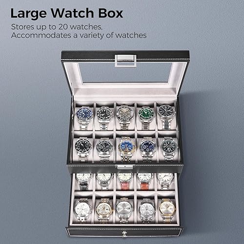 Miniatura 8 de BEWISHOME Watch Case, 20-Slot Watch Box Organizer for Men Watch Case with Large Glass Lid Watch Travel Case Removable Watch Pillows, Mens Jewelry