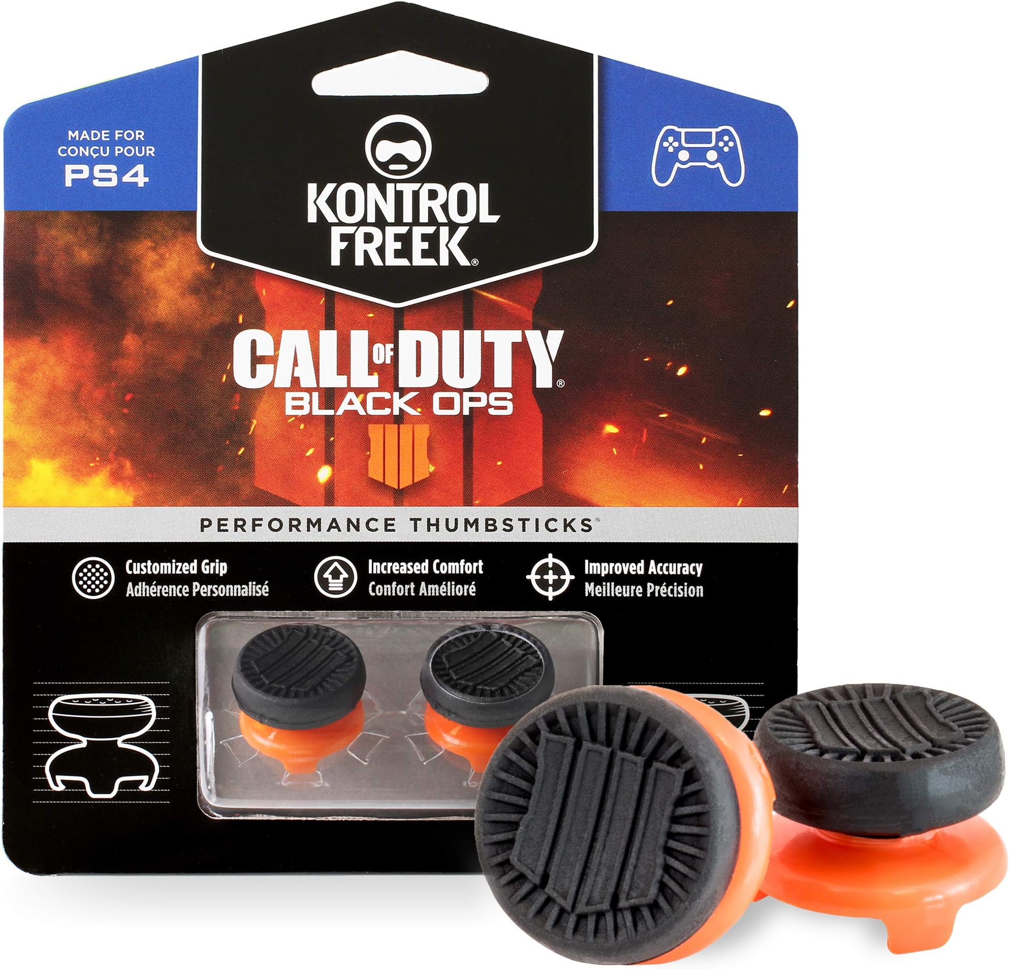 KontrolFreek Call of Duty: Black Ops 4 for PlayStation 4 (PS4) and PlayStation 5 (PS5) | Performance Thumbsticks | 2 High-Rise | Black/Orange