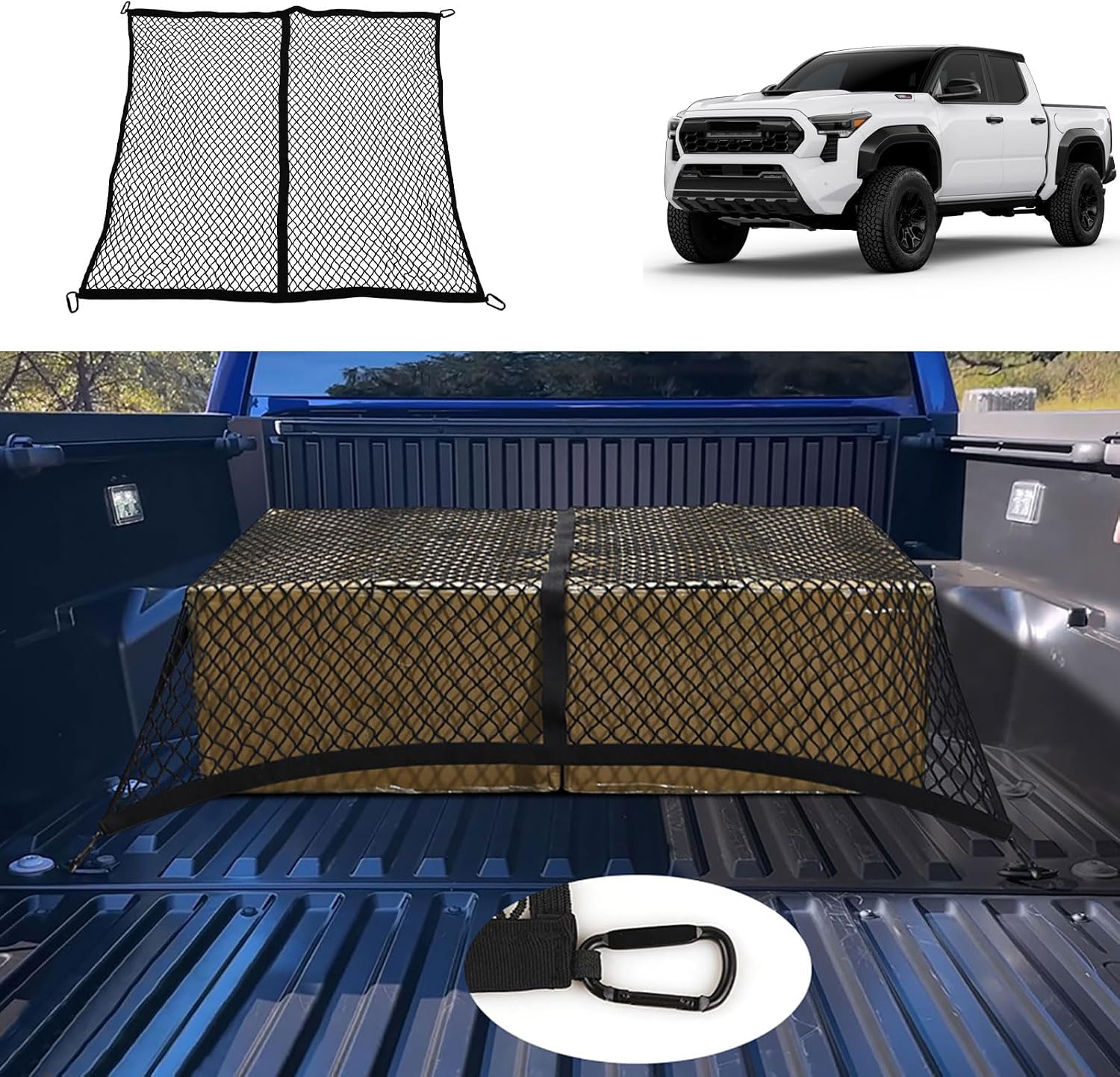 Car Accessories Compatible with Toyota Tacoma 2024 2025 2026 Premium Truck Bed Organizers & Storage - Grocery Holder Cargo Net 4PC(Black+Metal Buckle)