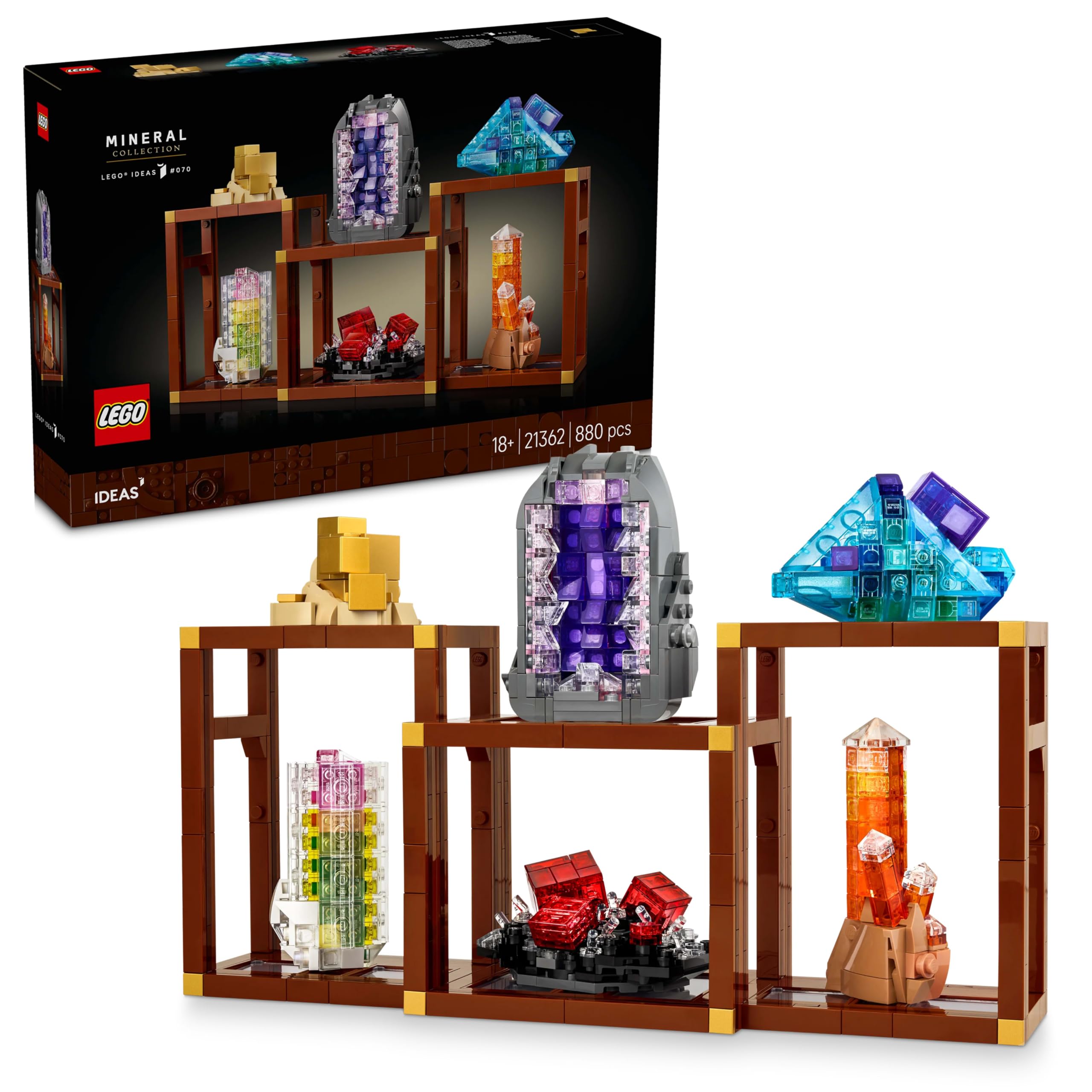 LEGO Ideas Mineral Collection 21362 | Set for Adults, Display Model Kit, Fluorite & Tangerine Quartz Elements, 3 Stands for Home Decor, Gift Idea, 880 Pieces