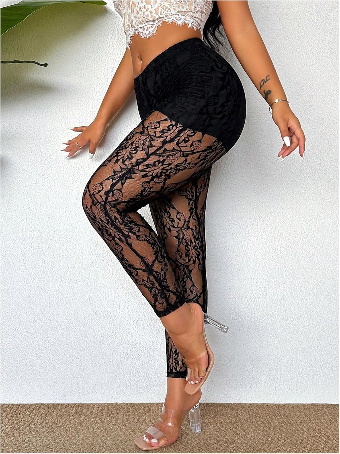 WDIRARA Women's Sexy Lace See Through Low Waist Slim Fit Leggings Sheer Mesh Stretchy Trouser - Image 3