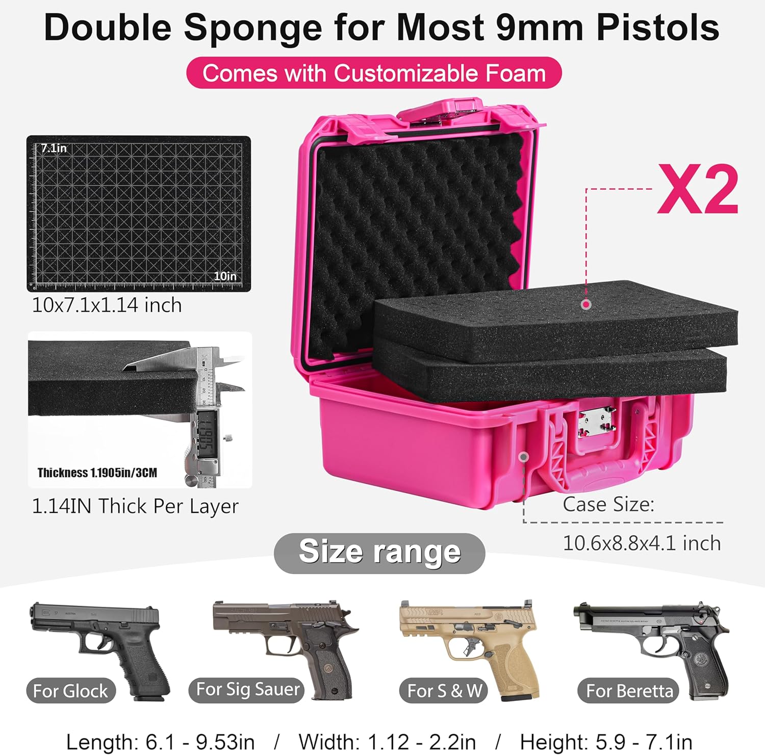 Kinghardcase Pink TSA Gun Case for Handgun, TSA Approved Firearm Travel Case, Waterproof & Shock Proof Lockable handgun case, 10.6”*8.8”*4” Inches 9mm Pistol Case Hard Shell