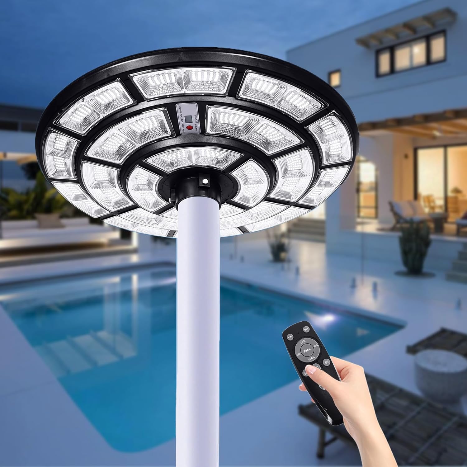 10000W Round 360° Wide Angle Solar Post Light,IP67 Waterproof Auto Solar Powered Post lamp with Aluminum Pole, Remote Control for Lawn Pathway Driveway Yard