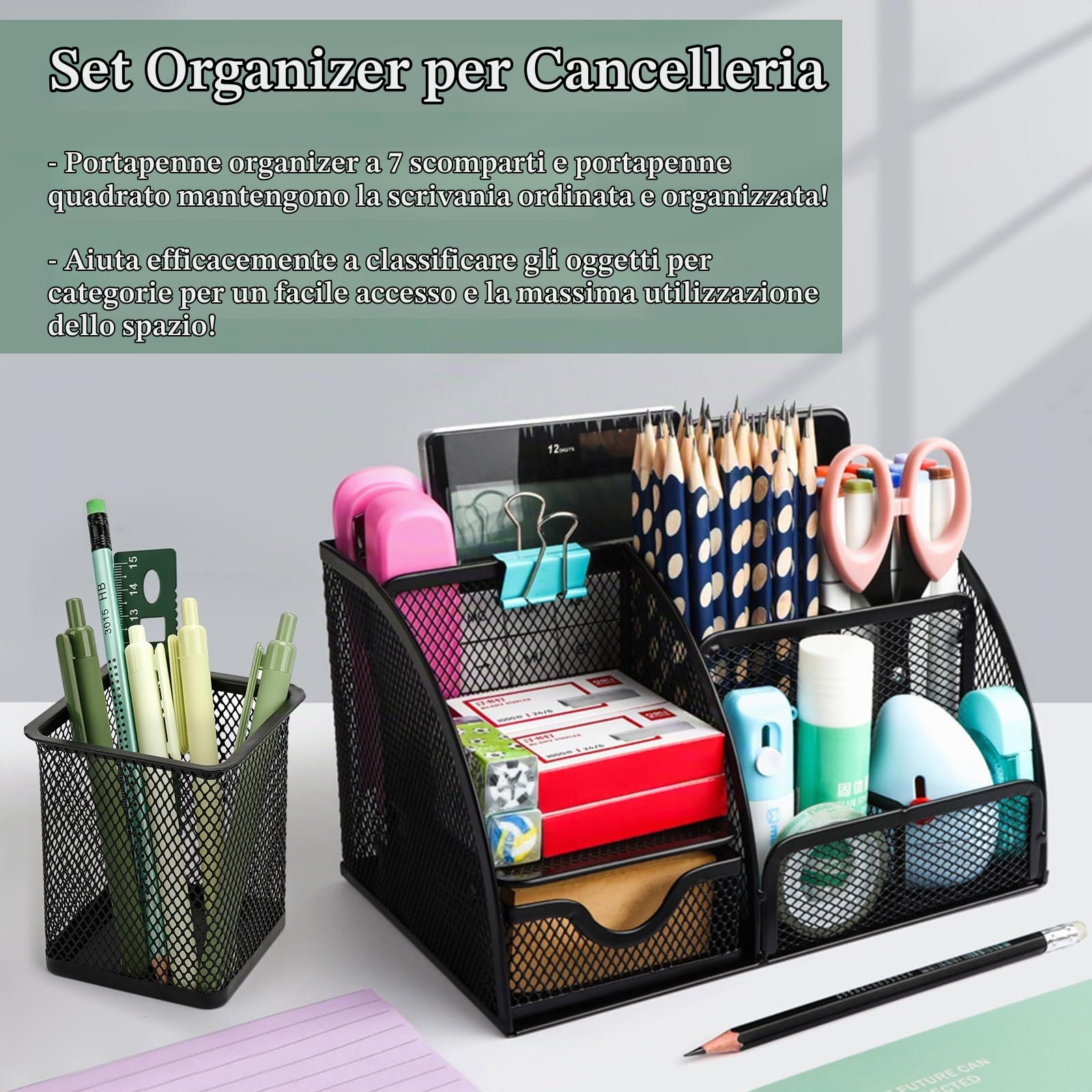 UMILKI Organizzatore da Scrivania, 1 Portaoggetti da Scrivania in Metallocon cassetto+1 Porta Penne per Scrivania, Multifunzione Archiviazione in Rete per la Scuola, Casa, Ufficio