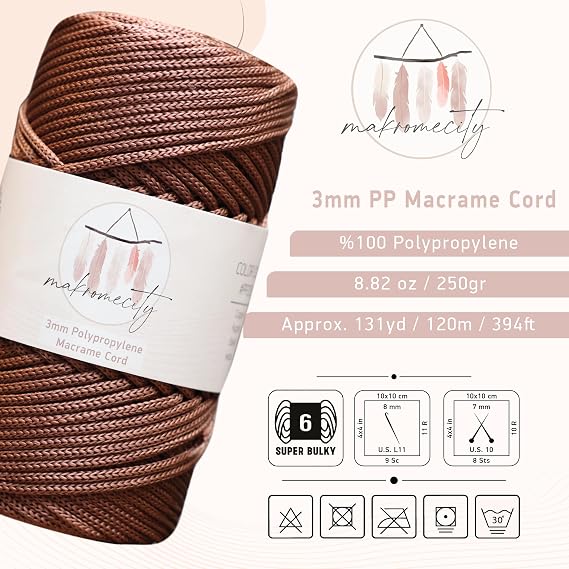 Makromecity Premium Polyester Macrame Cord, 3mm x 131 Yards (394 ft / 120m), Polypropylene, Copper, Macrame Cord for Wall Hangings, Bags, Underplate, Rug, Crochet & Knotting