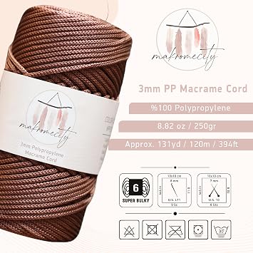 Makromecity Premium Polyester Macrame Cord, 3mm x 131 Yards (394 ft / 120m), Polypropylene, Copper, Macrame Cord for Wall Hangings, Bags, Underplate, Rug, Crochet & Knotting