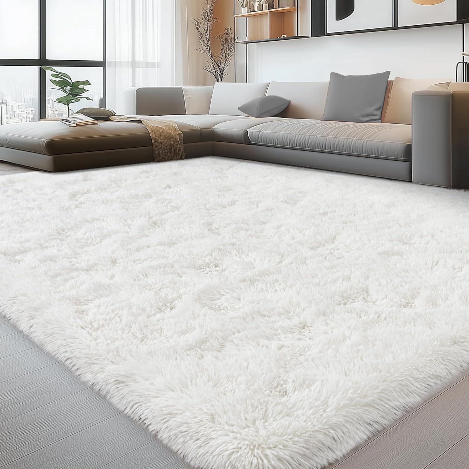8x10 Rug for Living Room, Fluffy Plush Large Cream White Area Rugs, Fuzzy Big Shaggy Carpets for Bedroom, Non Slip Furry Shag Carpet for Kids Room Nursery Dorm Home Decor Aesthetic 8' x 10' Cream White