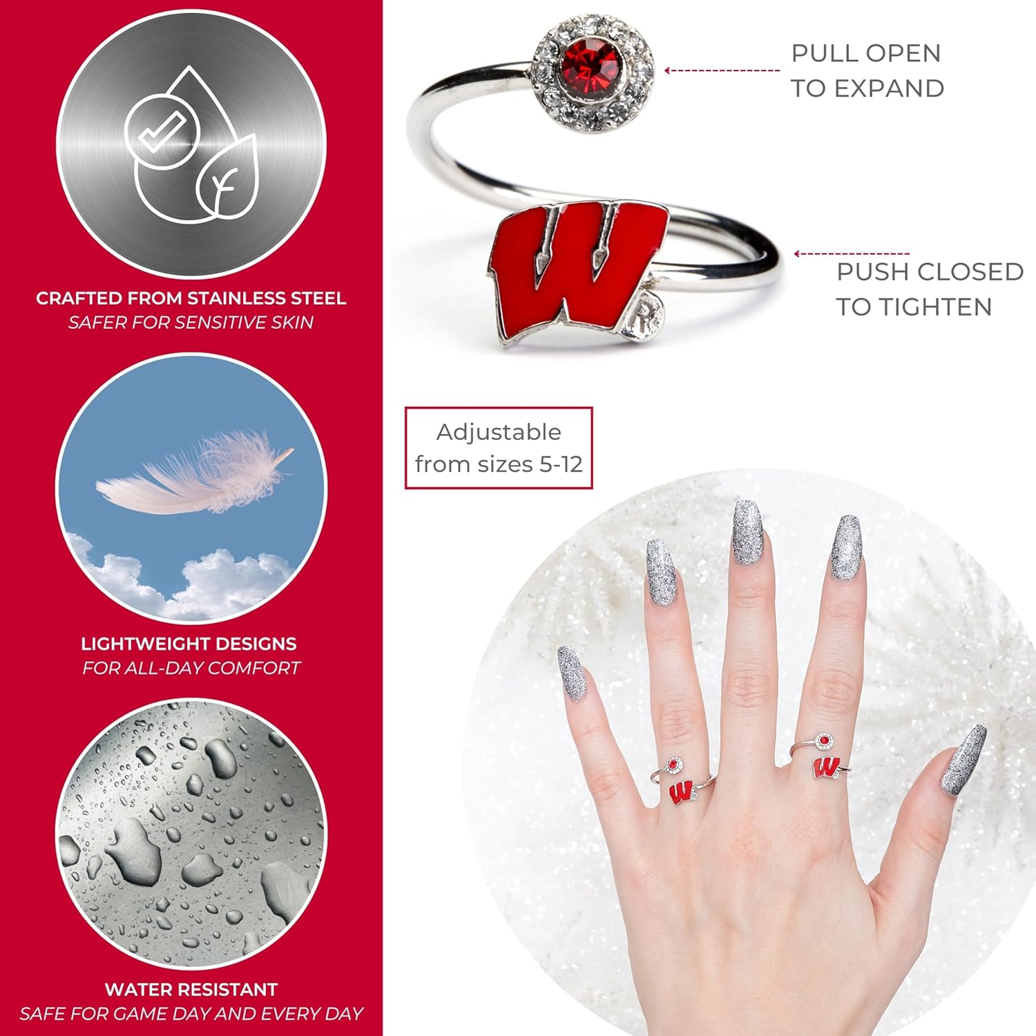 Stone Armory UW Badgers University of Wisconsin Gifts - Wisconsin Badgers Womens Ring with Crystals - Hypoallergenic and Adjustable Sizes 5-12 - Wisconsin Badgers Womens Apparel