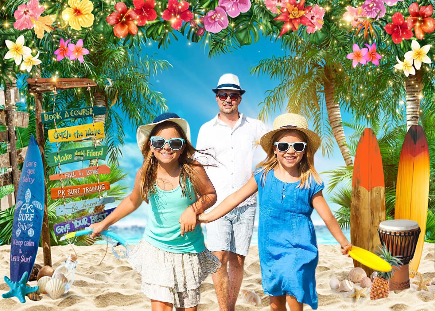 3x2m Telón de Fondo Playa Verano Tropical Palm Tree Flor Tabla de Surf Street Sign Azul Cielo Fotografía Fondo Boda Cumpleaños Hawaiian Luau Aloha Fiesta Decoraciones Photo Booth Props