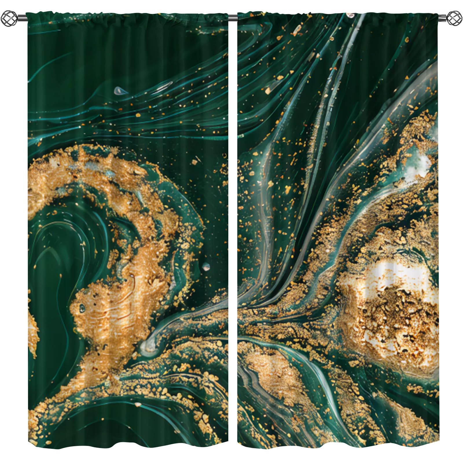 Abstract Dark Green Golden Marble Blackout Boy Curtains, Luxurious Gold Fluid Art Rod Pocket Noise Reducing Darkening Window Curtain Bedroom Living Room Kitchen-2 Panels W21xL54in