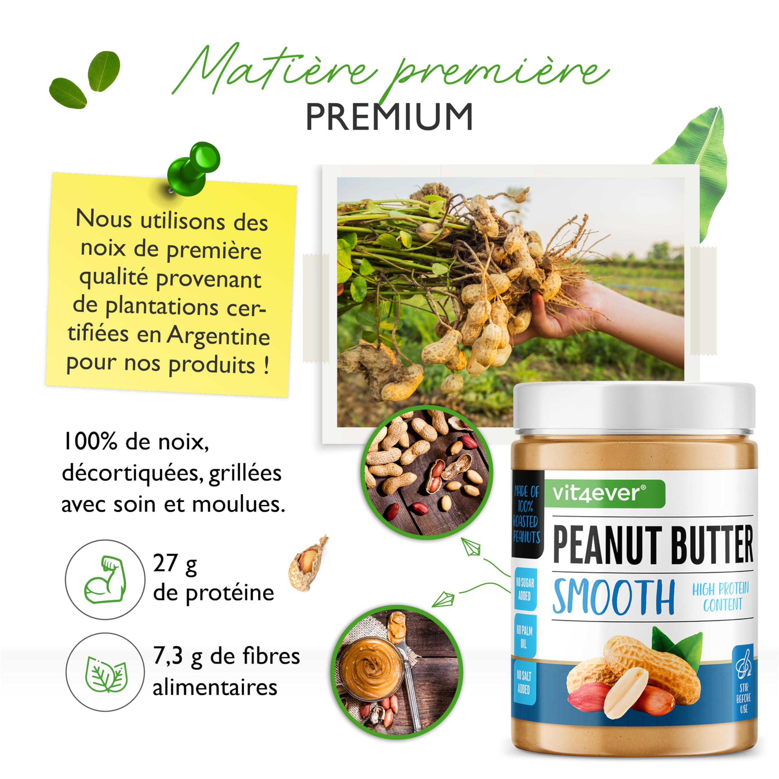 Beurre de Cacahuète Smooth - 1kg Beurre de Cacahuète Naturel sans Additif - High Protein - Purée de Cacahuètes sans Sel, Huile ou Graisse de Palme Ajoutés - Vegan - 3