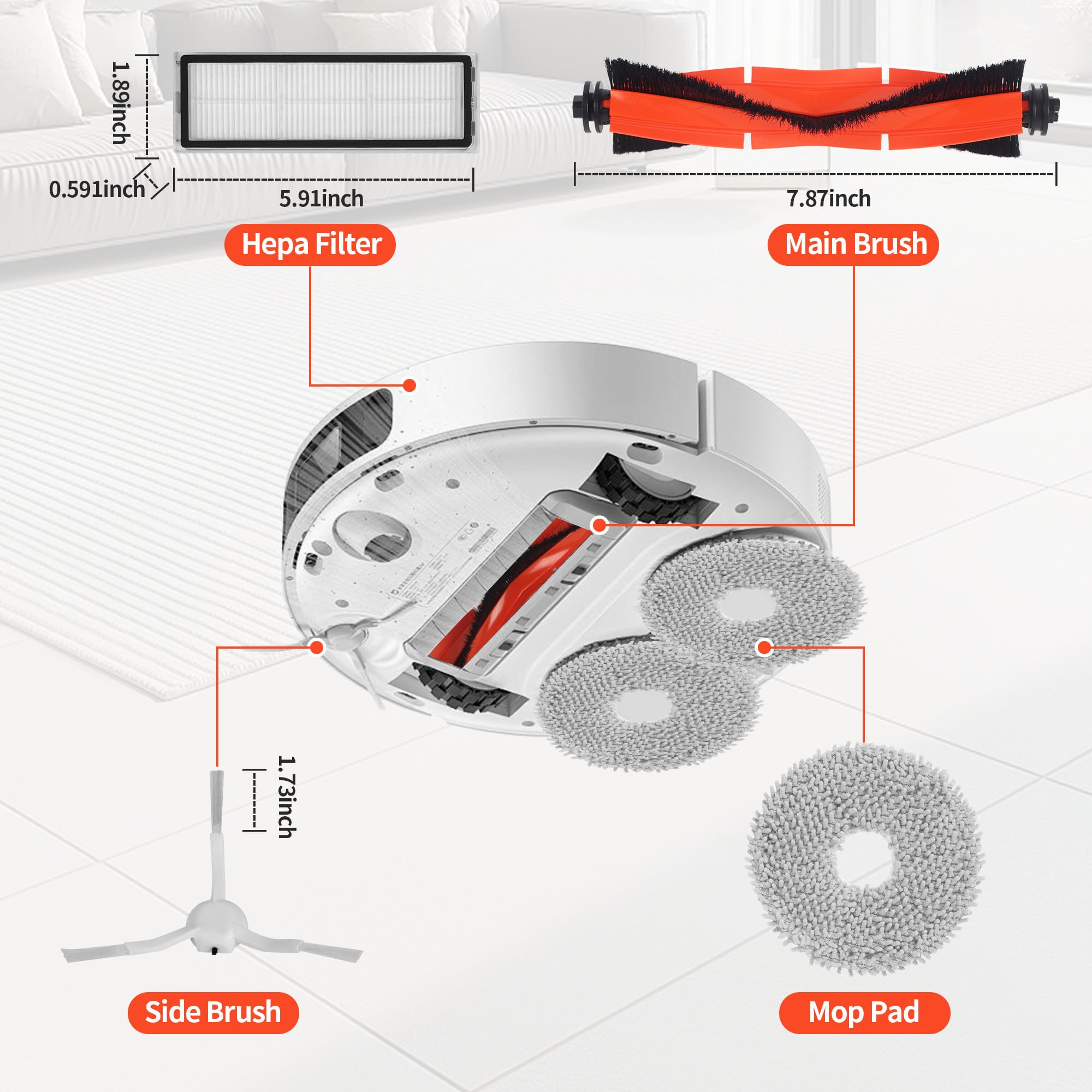 18Accessori per Xiaomi X20+/X10+, 1xspazzola principale, 4x panni per il lavaggio, 4x sacchetti per la polvere, 4 xspazzole laterali, 4x filtri HEPA, 1x spazzola per la pulizia