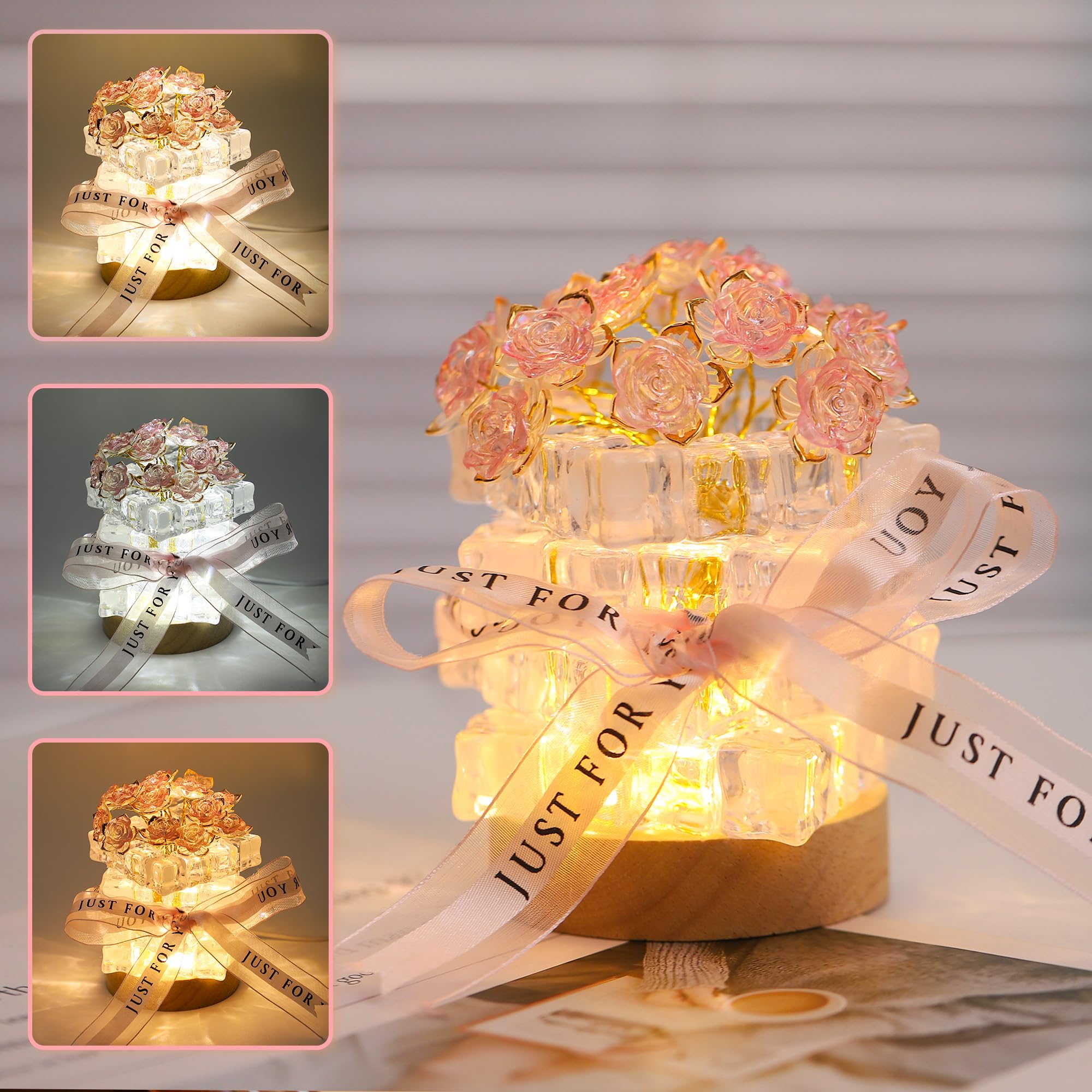 WSYEAR Rose Flower Lamp,3-Colour Dimming Small Night Light,Festival Restaurant Bedroom Bar Coffee Shop Pink Table Lamp Birthday Gifts for Women Mom — image 1