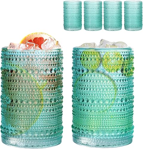 Miniatura 10 de Juego de 4 vasos para beber Hobnail de 15 onzas, vasos vintage de Júpiter, cristalería antigua en relieve para cerveza, agua, jugo, cóctel, whisky,