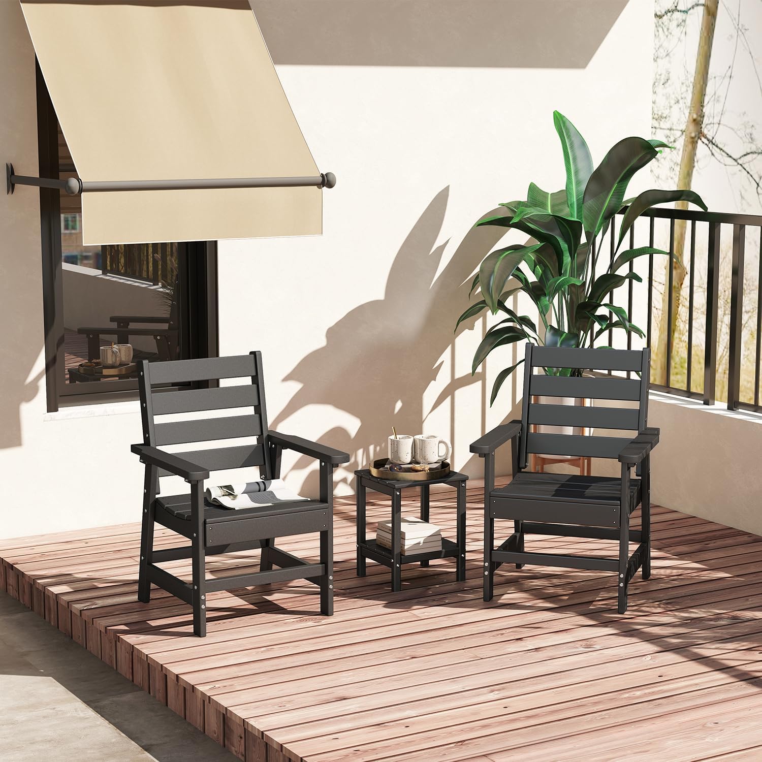 GREENVINES 3 Pieces Patio Furniture Set | Outdoor Bistro Sets for 2 | HDPE Plastic | Chairs and Side Table | for Conversation | All Weather | Balcony Porch Deck Poolside Backyard | Black