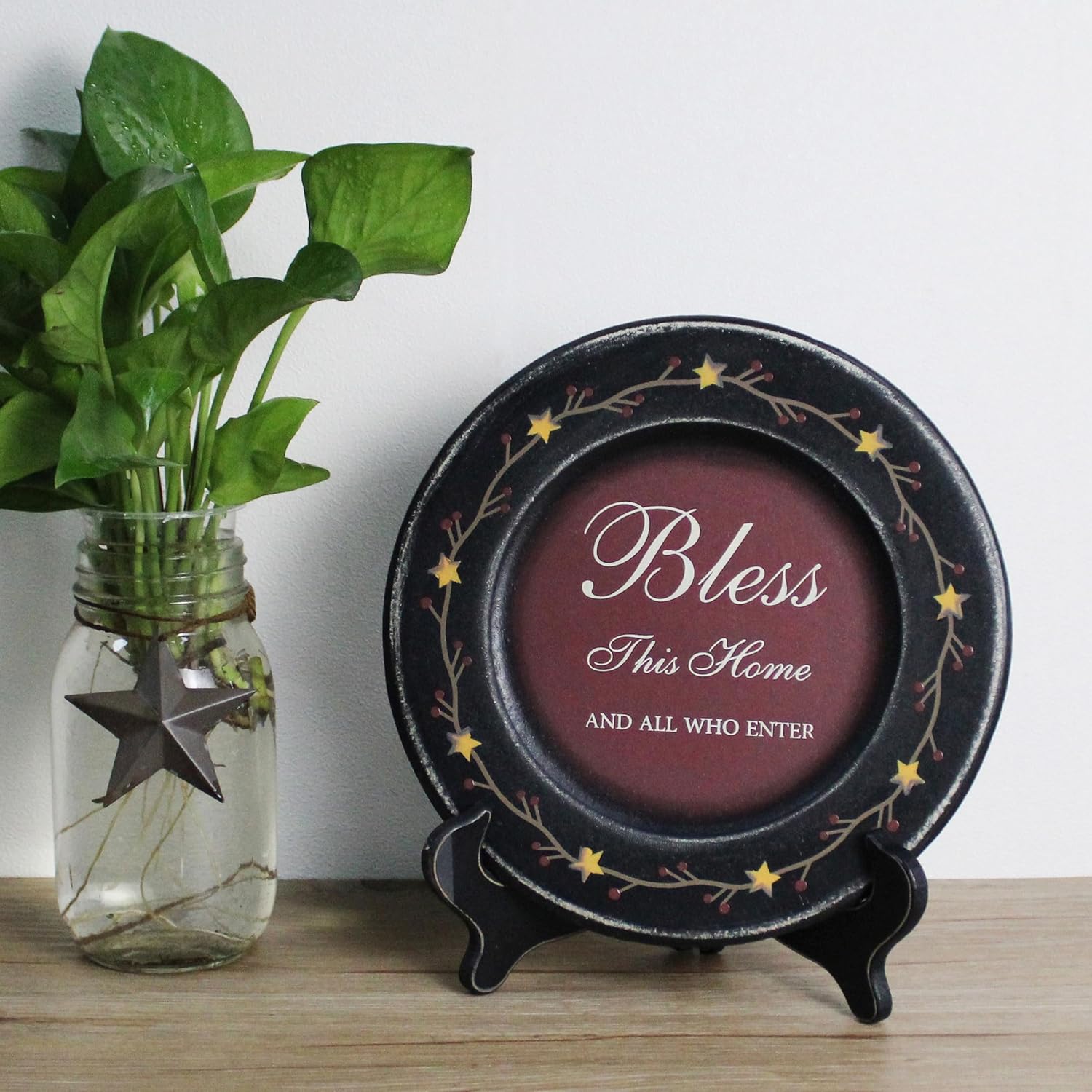 CVHOMEDECO. Primitives Vintage Bless This Home Wood Decorative Plate Retro Display Wooden Plate Home Décor Art, 9-3/4 Inch image 4