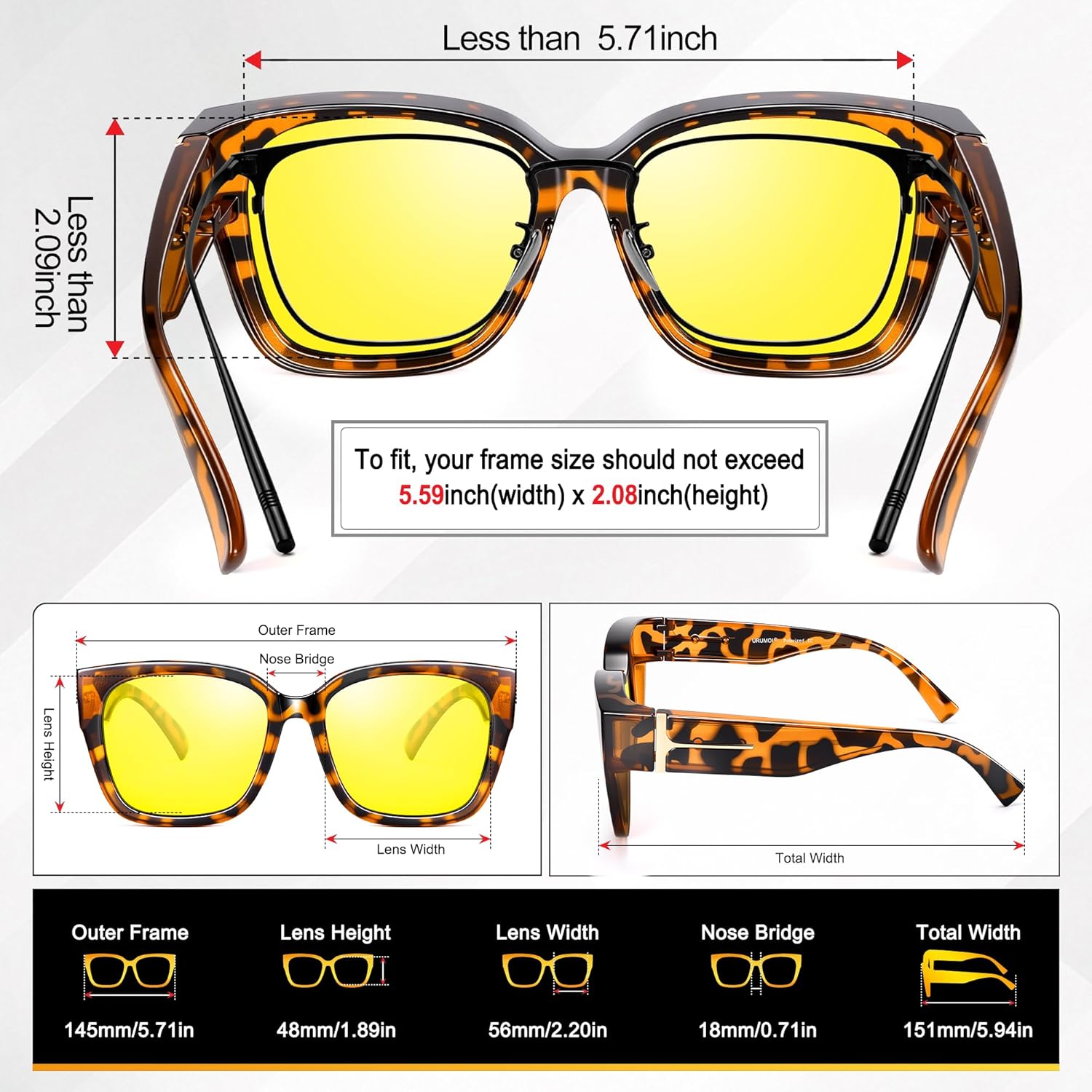 URUMQI Polarized Sunglasses Fit Over Glasses for Women, UV400 Protection Wrap-around Shades Trendy Oversized Square Lens - Image 5